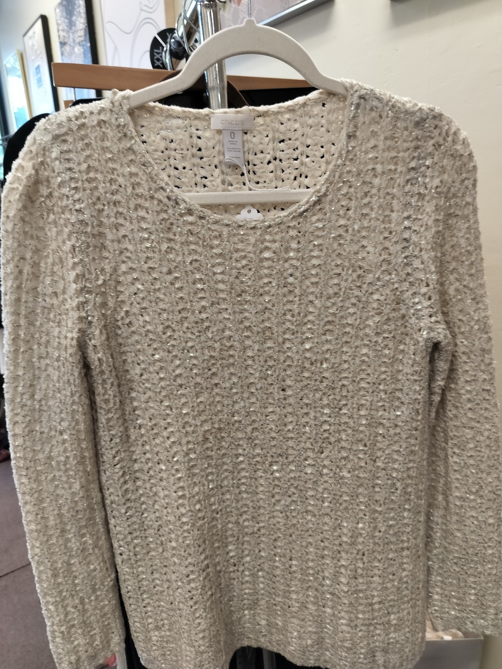 Chico's Cream Open-Knit Crewneck Sweater